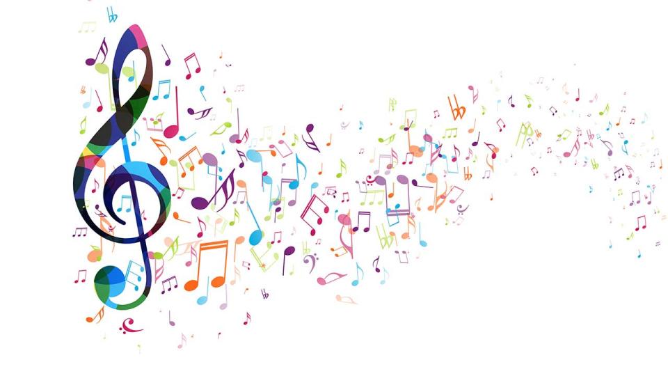 Ein bunter Notenschlüssel und viele bunte Musiknoten 